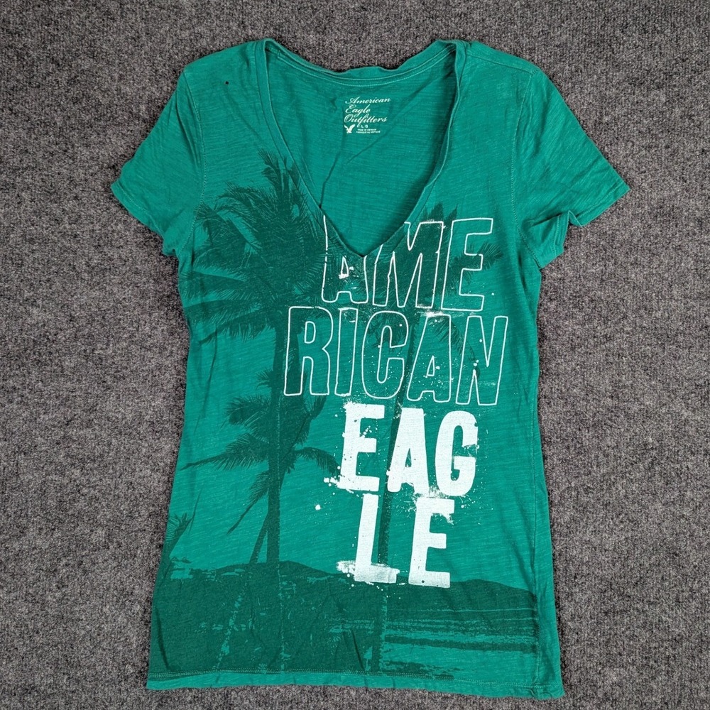 American Eagle Outfitters Green Palm Tree Graphic V-Neck T-Shirt Large L